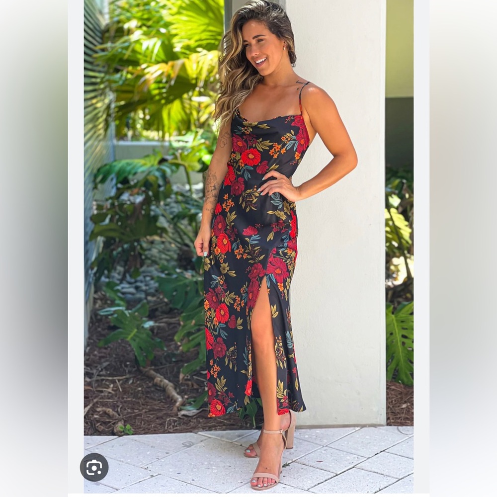 Saved by the dress black floral, satin midi dress with slit